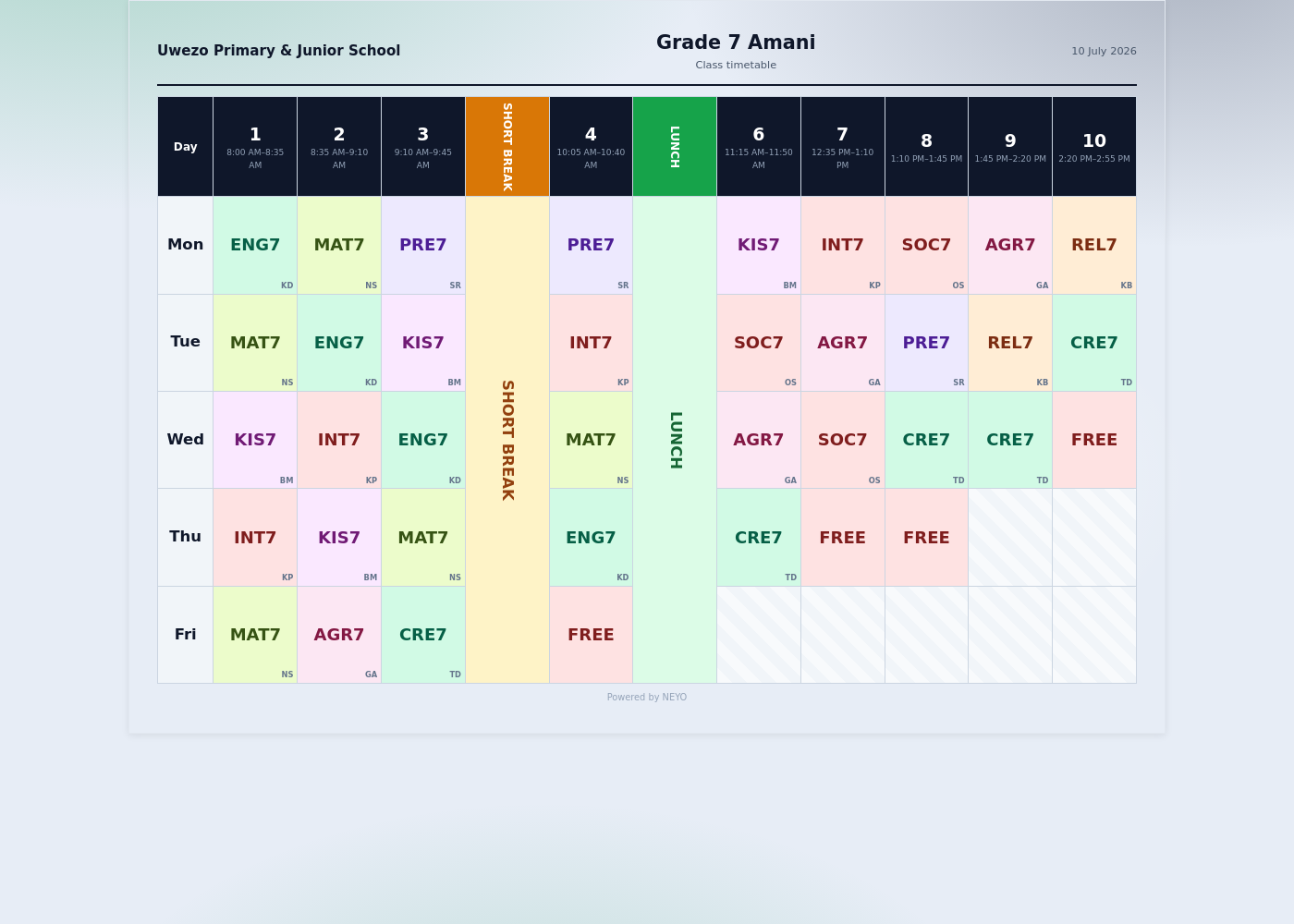 NEYO School OS timetable workspace